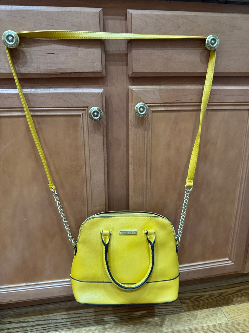 Yellow Pebbled Leather Crossbody Satchel with Chain Strap